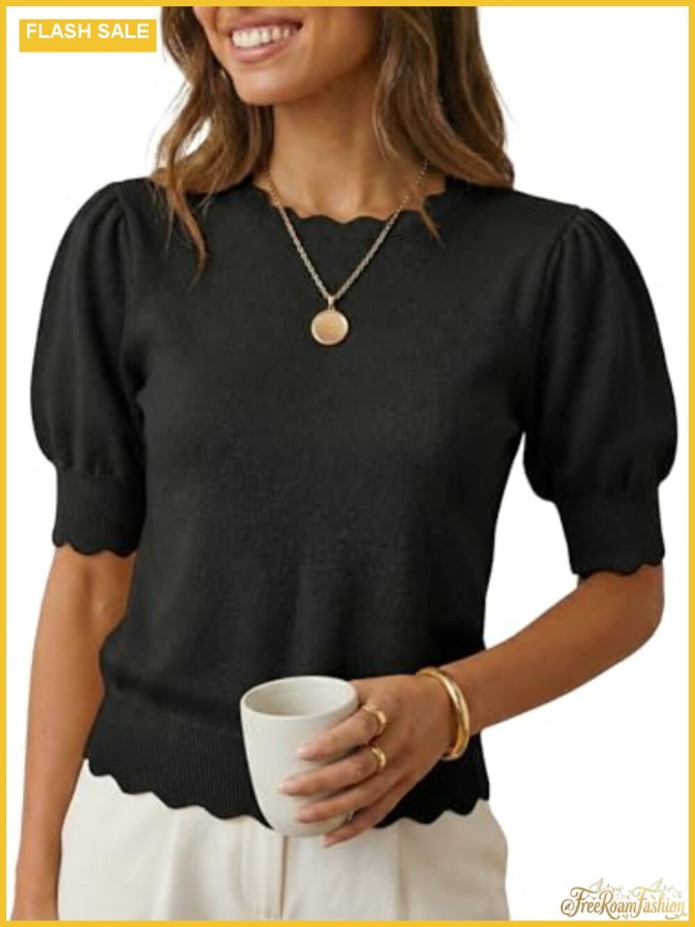 Short Sleeve Sweater Women Scalloped Crewneck Puff Sleeve Knit Pullover Top